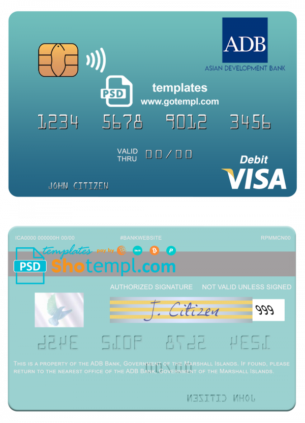 Marshall Islands ADB Bank visa credit card template in PSD format