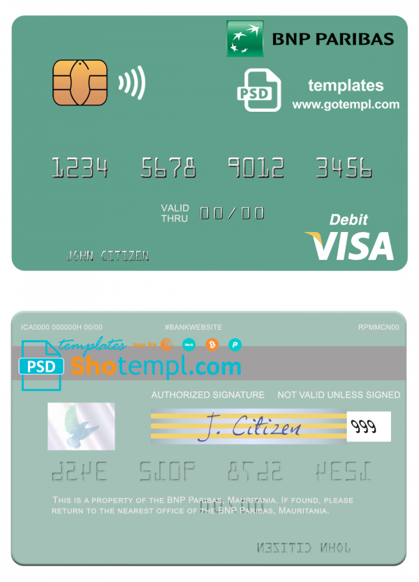 Mauritania BNP Paribas visa card fully editable template in PSD format