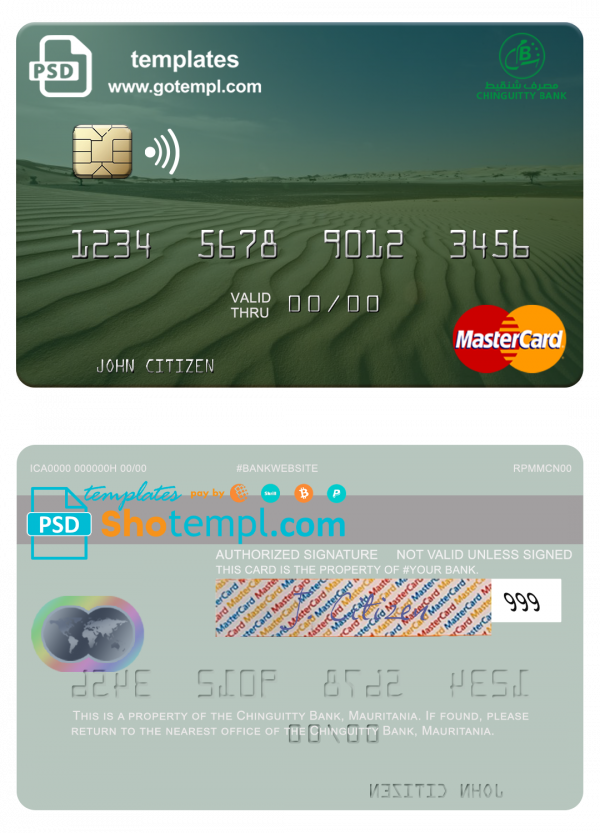Mauritania Chinguitty Bank mastercard credit card template in PSD format