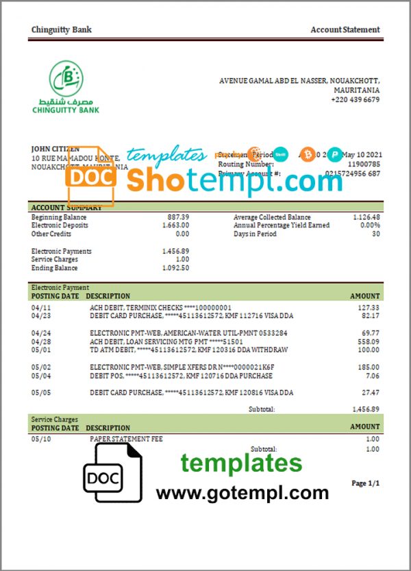 Mauritania Chinguitty bank statement template in Word and PDF format
