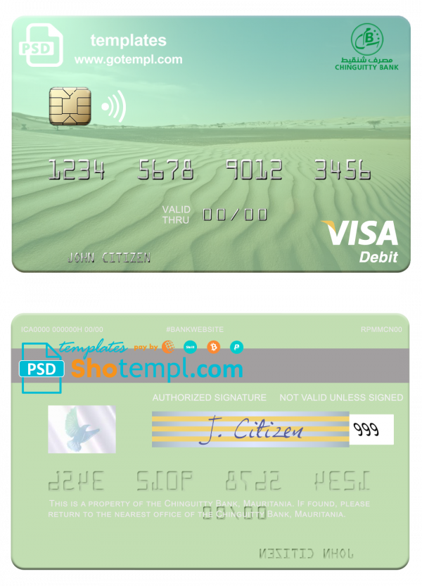 Mauritania Chinguitty Bank visa card fully editable template in PSD format