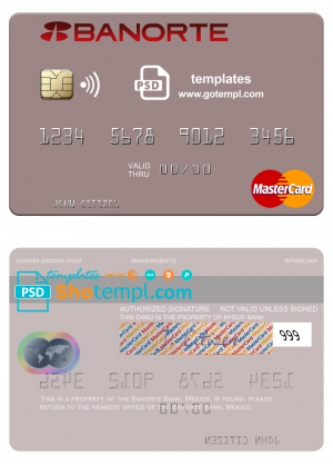 Mexico Banorte bank mastercard credit card template in PSD format