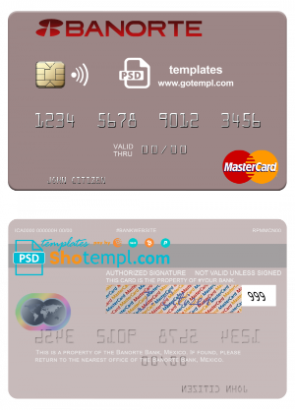 Mexico Banorte bank mastercard credit card template in PSD format