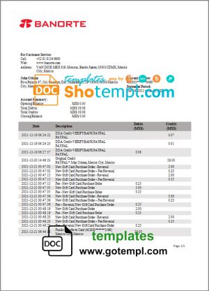 Mexico Banorte bank statement easy to fill template in Word and PDF format