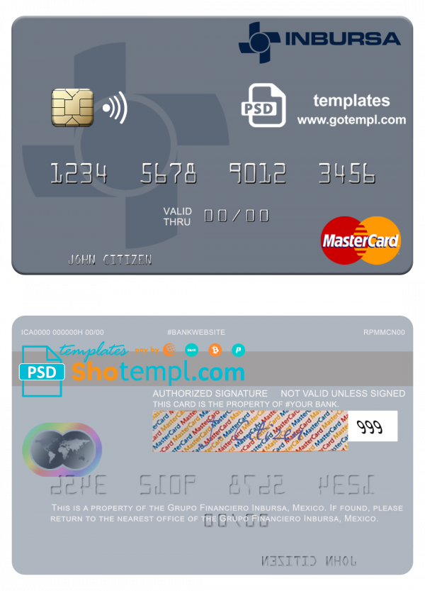 Mexico Grupo Financiero Inbursa mastercard credit card template in PSD format