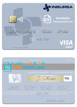 Mexico Grupo Financiero Inbursa visa debit credit card template in PSD format