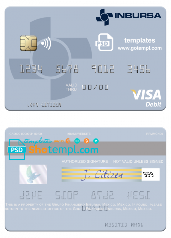Mexico Grupo Financiero Inbursa visa debit credit card template in PSD format