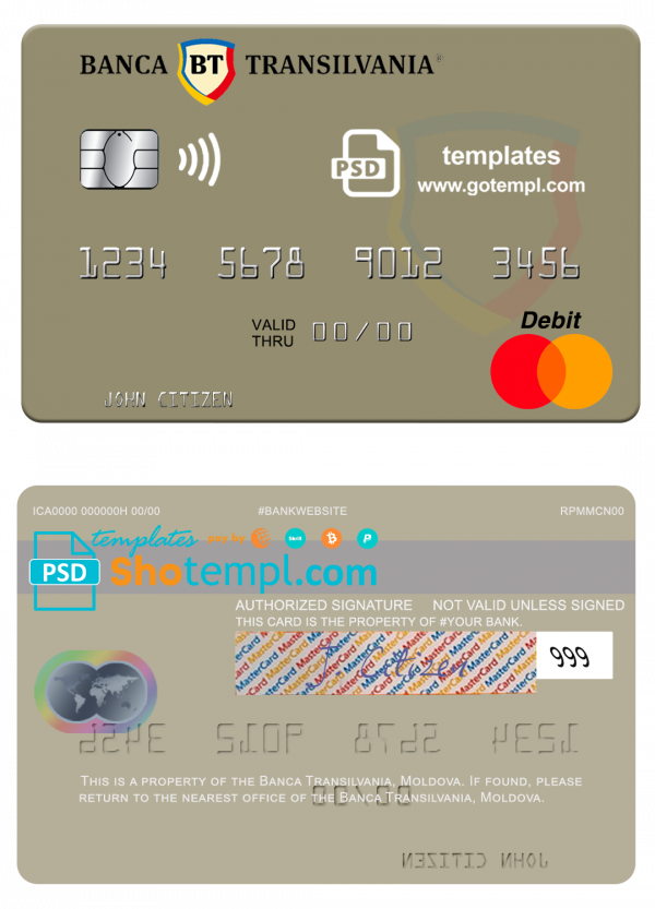 Moldova Banca Transilvania bank mastercard, fully editable template in PSD format
