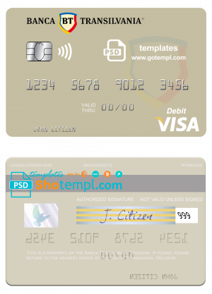 Moldova Banca Transilvania visa debit card, fully editable template in PSD format