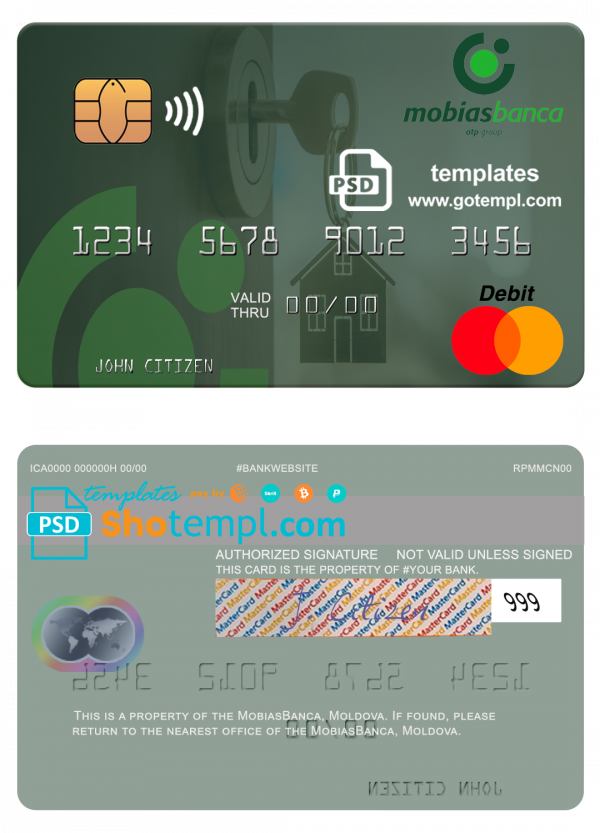 Moldova MobiasBanca bank mastercard, fully editable template in PSD format