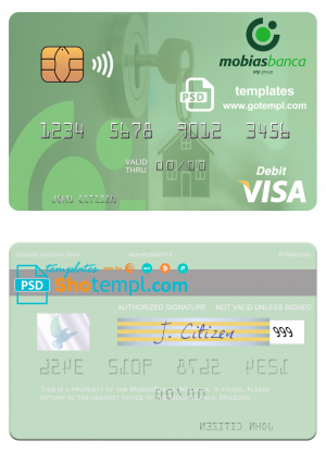 Moldova MobiasBanca visa debit card, fully editable template in PSD format