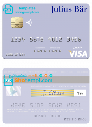 Monaco Julius Bär & Co. AG bank visa debit card, fully editable template in PSD format