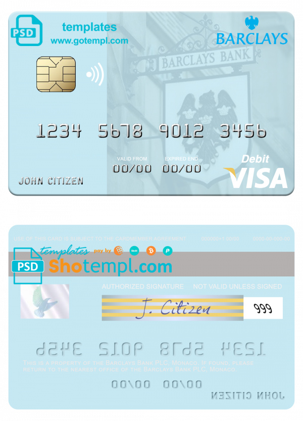 Monaco Barclays Bank PLC bank visa debit card, fully editable template in PSD format