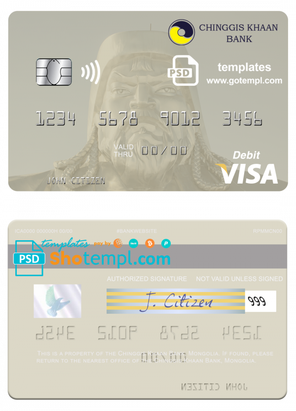 Mongolia Chinggis Khaan bank visa debit card, fully editable template in PSD format