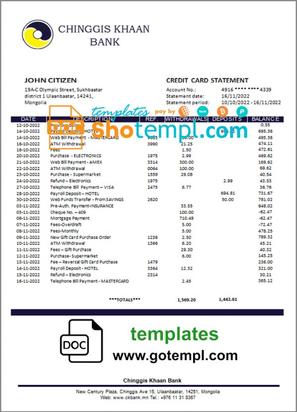 Mongolia Chinggis Khaan bank statement template in Word and PDF format