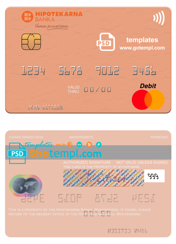 Montenegro Hipotekarna bank mastercard, fully editable template in PSD format