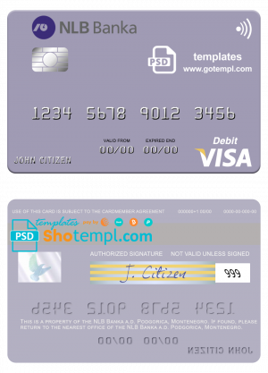 Montenegro NLB Banka a.d. Podgorica bank visa debit card, fully editable template in PSD format