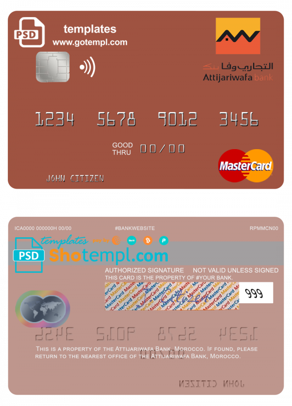 Morocco Attijariwafa bank mastercard, fully editable template in PSD format