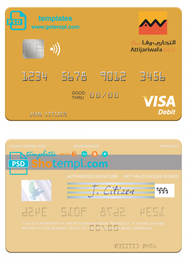 Morocco Attijariwafa bank visa debit card, fully editable template in PSD format