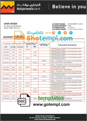 Morocco Attijariwafa bank statement template in Word and PDF format, good for address prove