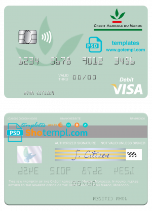 Morocco Crédit Agricole du Maroc bank visa debit card, fully editable template in PSD format