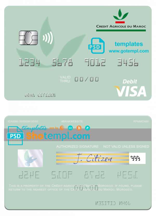 Morocco Crédit Agricole du Maroc bank visa debit card, fully editable template in PSD format