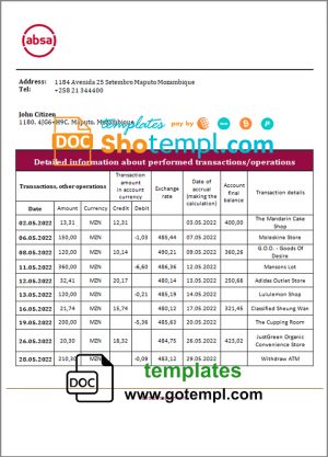 Mozambique ABSA bank statement template in Word and PDF format