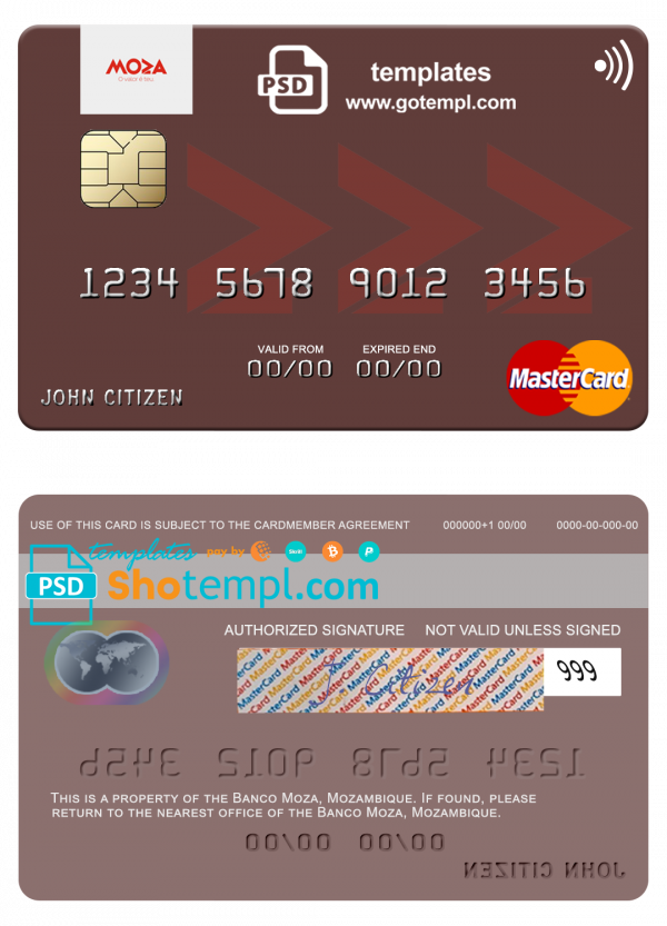 Mozambique Banco Moza mastercard, fully editable template in PSD format