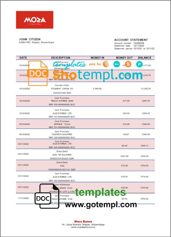 Mozambique Moza bank statement template in Word and PDF format