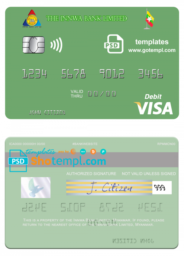 Myanmar Innwa Bank Limited visa debit card, fully editable template in PSD format