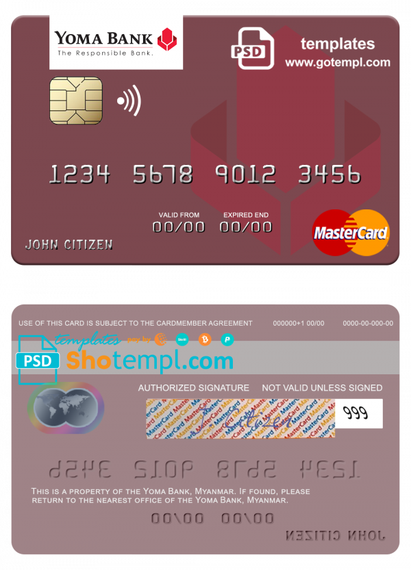 Myanmar Yoma Bank Limited mastercard, fully editable template in PSD format