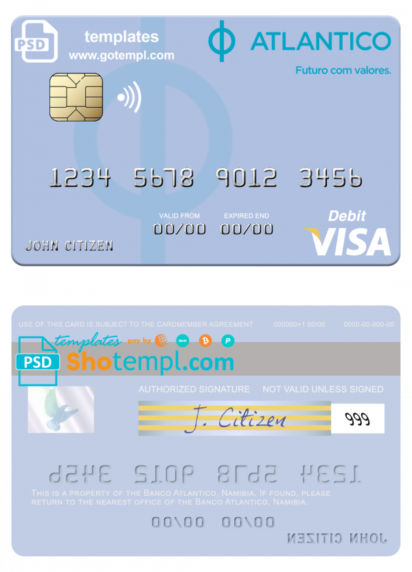 Namibia Banco Atlantico visa debit card, fully editable template in PSD format