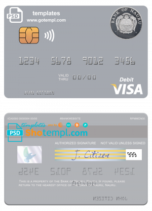 Nauru Bank of Nauru visa debit card, fully editable template in PSD format