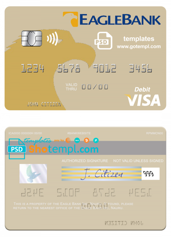 Nauru Eagle Bank Inc visa debit card, fully editable template in PSD format