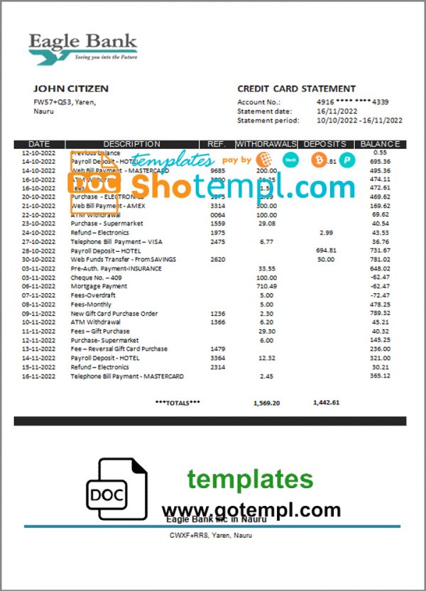 Nauru Eagle bank statement template in Word and PDF format