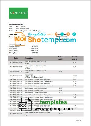 Nepal Nabil Bank bank statement template in Word and PDF format