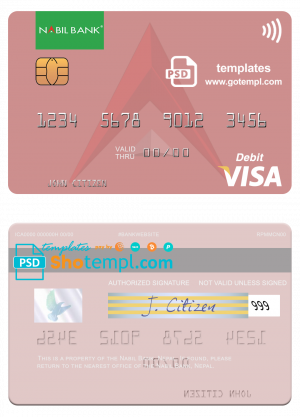Nepal Nabil bank visa debit card, fully editable template in PSD format