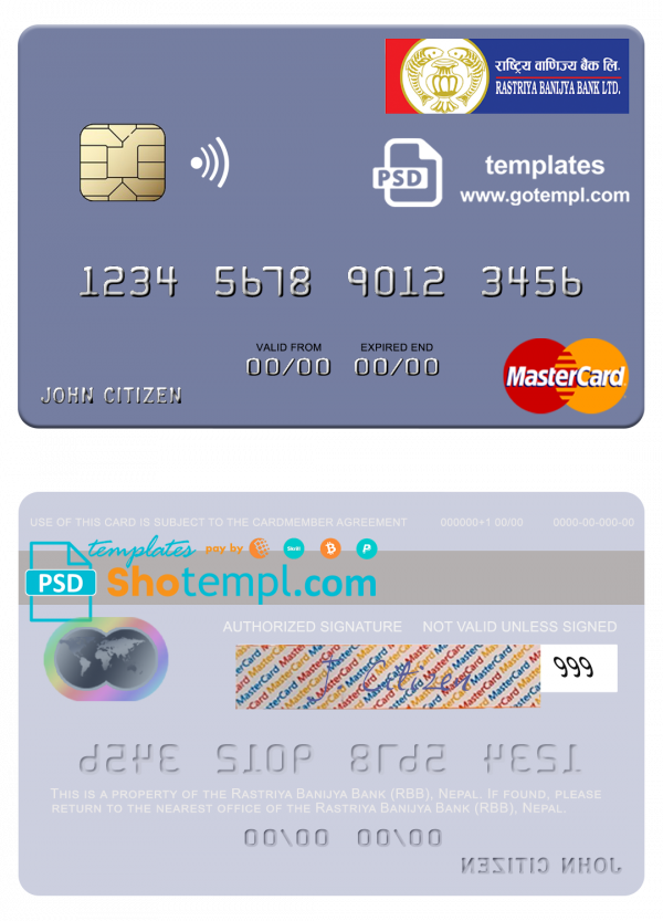 Nepal Rastriya Banijya Bank (RBB) mastercard, fully editable template in PSD format