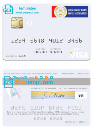 Nepal Rastriya Banijya Bank (RBB) visa debit card, fully editable template in PSD format