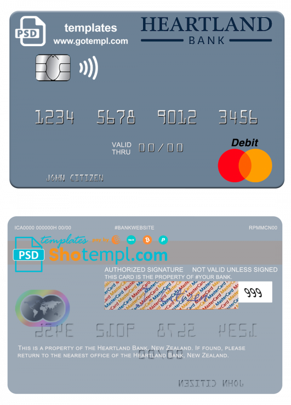 New Zealand Heartland Bank mastercard credit card template in PSD format