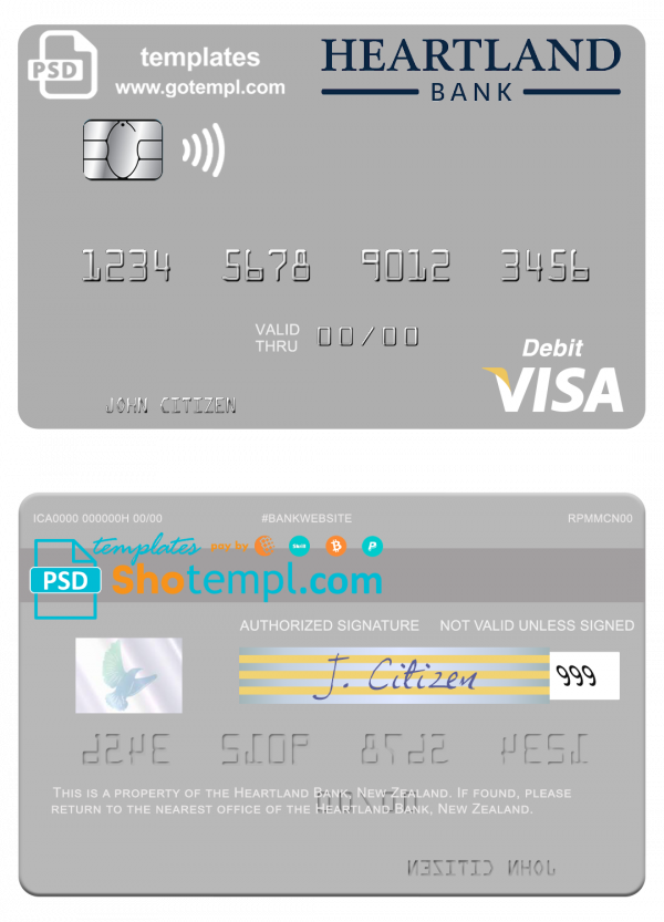 New Zealand Heartland Bank visa debit card template in PSD format
