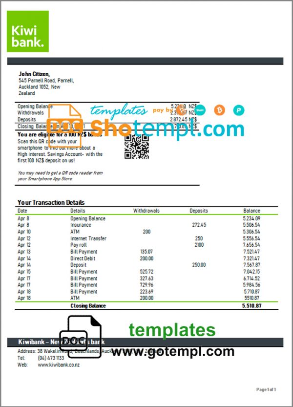 New Zealand Kiwibank bank statement template in Word and PDF format