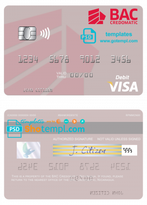 Nicaragua BAC Credomatic visa debit card template in PSD format