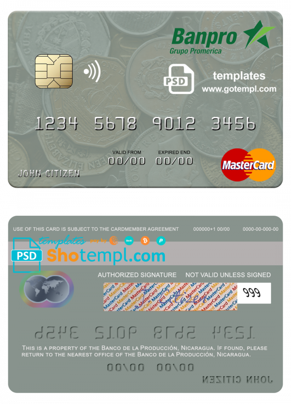 Nicaragua Banco de la Producción mastercard credit card template in PSD format