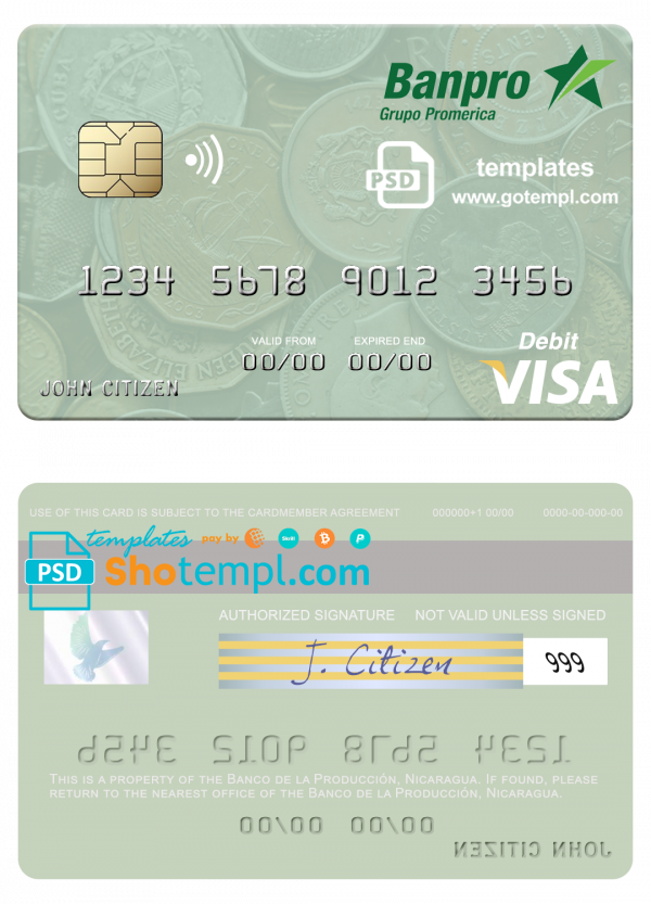 Nicaragua Banco de la Producción visa debit card template in PSD format