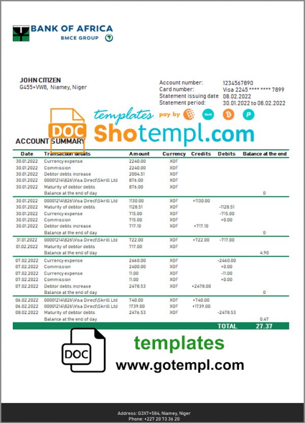 Niger Bank of Africa bank statement template in Word and PDF format