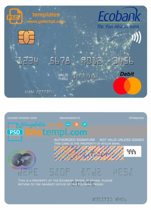 Niger Ecobank mastercard, fully editable template in PSD format