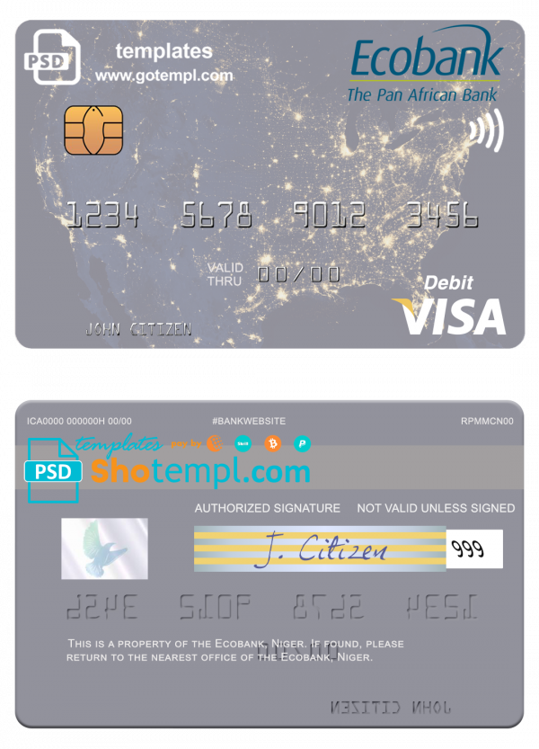 Niger Ecobank visa debit card, fully editable template in PSD format