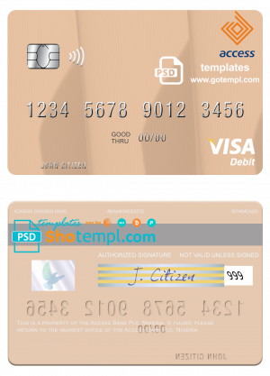 Nigeria Access Bank Plc visa debit card, fully editable template in PSD format