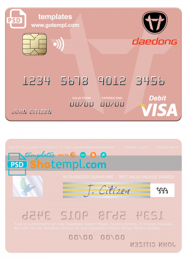 North Korea Daedong Credit Bank visa debit card, fully editable template in PSD format